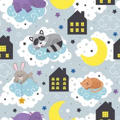 Wall murals Sleeping animals seamless pattern with sleeping animals and night houses  - vector illustration, eps    