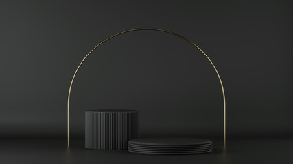 3d render, abstract minimalist black background. Empty cylinder podium, vacant pedestal, round stage, showcase stand, product display, blank board, expo platform. Copy space. Modern premium design