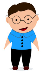 Cartoon illustration of a happy elementary age teenager or boy character with glasses.