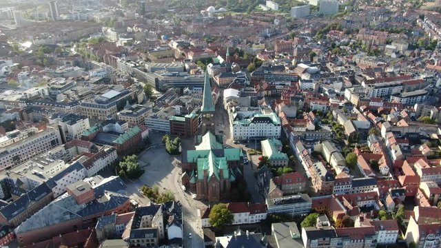Casual aerial drone view on old city center of Aarhus, Denmark