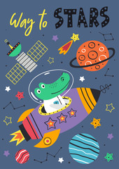 poster with space crocodile in rocket - vector illustration, eps    