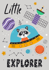 poster with space raccoon in spaceship 