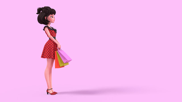 Cute cartoon brunette girl in red dress with black polka dots holding colorful shopping bags. Romantic young woman shopper with big brown eyes. 3d illustration on pink background at copy space.