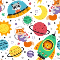 Dekokissen nahtloses Muster mit Weltraumtieren auf weißem Hintergrund. Löwe, Fuchs, Waschbär im Weltraum - Vektor-Illustration, eps © nataka
