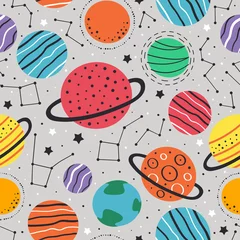 Tischdecke nahtloses Muster mit Planeten und Sternen auf grauem Hintergrund - Vektorillustration, eps © nataka
