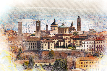 Panoramic view on Upper old city (Citta Alta) in Bergamo with historic buildings. Color pencil sketch illustration.