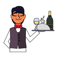 man waiter holding tray with bottle wine on white background