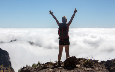 Single Person Madeira mountain hiking spectacular view horizon clouds blue sky outdoor traveling concept