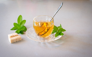 cup of mint tea , in glass cup with  fresh mint, suger and spoon.