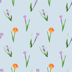 Watercolor hand painted spring botanical tulip flowers and leaves illustration seamless pattern, wallpaper, wrapping paper