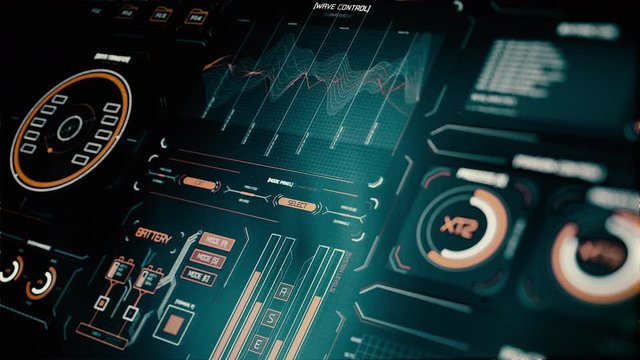 Perspective view of Futuristic interface/HUD/FUI/Digital screen glass panel with buttons/Control dashboard