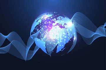 Global social network. Networking and data connection concept. Worldwide internet and technology. Dynamic waves connected by plexus light lines. Virtual digital composition. Vector illustration.