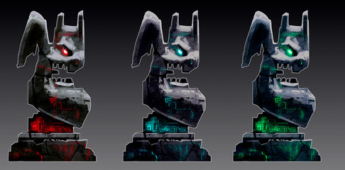 The mighty stone totem of the deity, a sinister gargoyle with wings and horns, with a wide open mouth, with glowing eyes and glowing patterns on the blue statue, with cracks, is drawn in 3 colors.