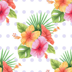 Seamless pattern with red, pink, yellow hibiscus cluster and purple dot watercolor on white background. Hand drawn floral illustration.