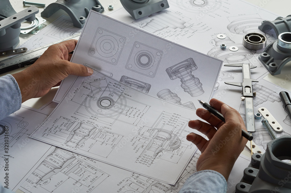 Poster Engineer technician designing drawings mechanical parts engineering Engine.manufacturing factory Industry Industrial work project blueprints measuring bearings caliper tools