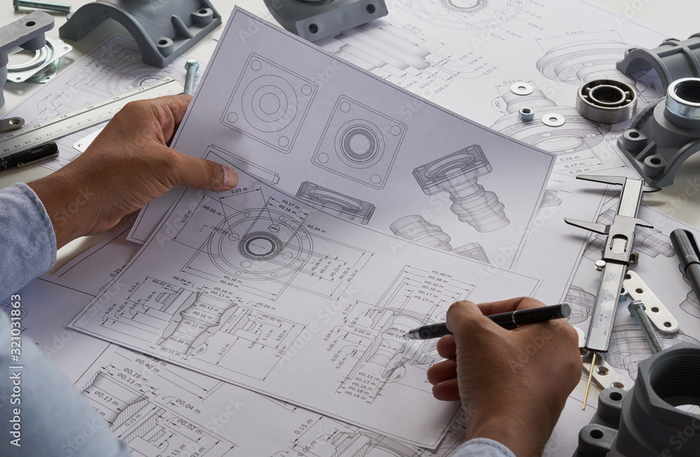 Poster engineer technician designing drawings mechanical parts engineering engine.manufacturing factory ind