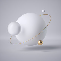 3d render, abstract white futuristic background, modern minimal concept, clean style. Floating balls, levitating objects. Flying sphere. Golden ring. Premium design. Equilibrium, balance metaphor.