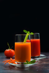 Healthy freshly made vegetable juices, tomatoes, carrots and celery antioxidants, fitness drinks