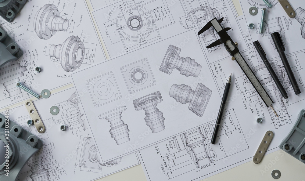 Poster engineer technician designing drawings mechanical parts engineering engine.manufacturing factory ind