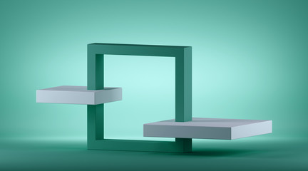 3d render abstract mint green geometric background, modern minimal concept. Square isometric frame with copy space, empty shelves for product display, commercial showcase, podium or pedestal.