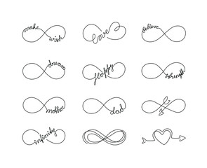 Infinity tattoo set, hand written calligraphy lettering text, print for clothes and logo design, t-shirt, emblem or logo design, continuous line drawing. Isolated vector illustration.