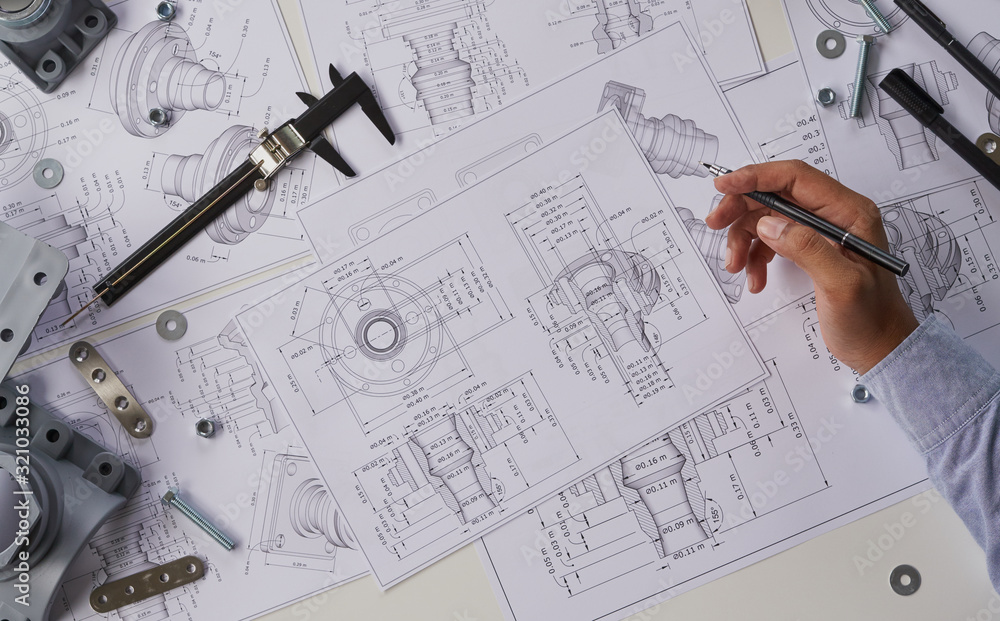 Poster engineer technician designing drawings mechanical parts engineering engine.manufacturing factory ind