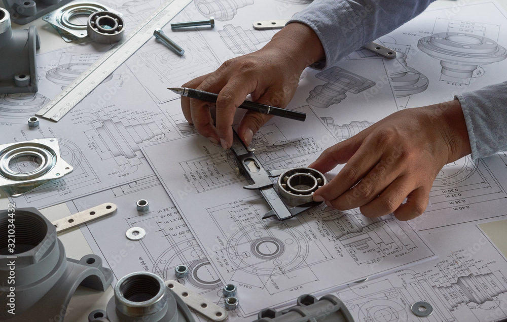 Poster engineer technician designing drawings mechanical parts engineering engine.manufacturing factory ind