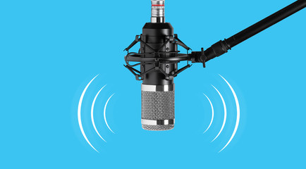 Studio microphone for recording podcasts isolated on blue