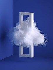 3d render, white cloud flying through the rectangular frame. Minimal room interior. Levitation concept. Objects isolated on blue background, modern design, abstract metaphor. Color of the year 2020