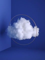 3d render, white fluffy cloud flying through the golden ring. Minimal room interior. Levitation concept. Objects isolated on blue background, modern design, abstract metaphor. Color of the year 2020