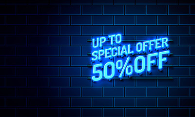Fototapeta na wymiar Special offer Neon 50 off text banner. Night Sign.