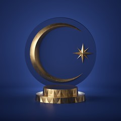 3d render. Abstract arabic emblem. Golden crescent and crystal star, isolated on blue background. Round board, copy space, cylinder steps, podium, pedestal. Blue color 2020