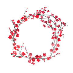 hand drawn illustration: floral round frame made of sakura branches. Spring cherry blossom