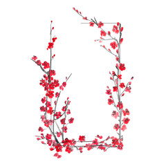 hand drawn illustration: floral rectangle frame made of sakura branches. Spring cherry blossom