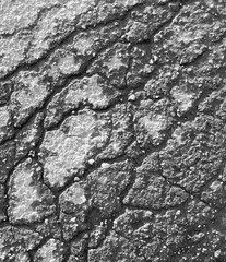 Cracks on the pavement as an abstract background.  Black and white photo.