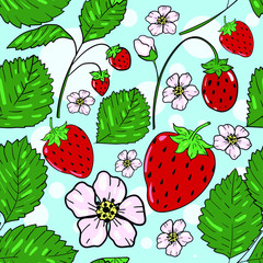 Seamless vector pattern with strawberry, blossom and leaf on blue background. Wallpaper, textile and fabric design. Good for printing. Cute wrapping paper pattern.
