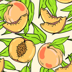 Seamless vector pattern with peach, part and branch with leaves on white background. Good for printing. Wallpaper, fabric and textile design. Cute wrapping paper pattern.