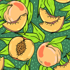 Seamless vector pattern with peach, part and branch with leaves on grey background. Good for printing. Wallpaper, fabric and textile design. Cute wrapping paper pattern.