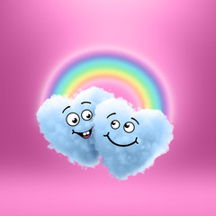 3d render, heart with happy faces, cartoon characters, blue cotton cloud mascot, soulmates, rainbow, happy lgbt couple, homosexual love, clip art isolated on pink background. Kawaii illustration