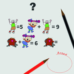 Naklejka premium puzzles with a numerical solution. riddles. Answer. Counting games for kids and adults. Educational math game. Result. 