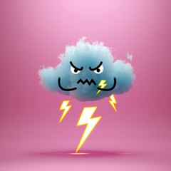 3d render, grumpy cloud cartoon character, thunder concept, throw lightning, bolt. Angry emotion. Mascot isolated on pink background. Stormy sky weather forecast. Funny kawaii illustration for kids