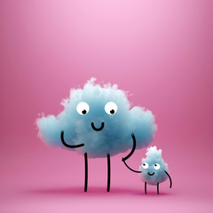 3d render, cartoon characters, blue cotton cloud mascot, single parent and child, happy family social concept, clip art isolated on pink background. Kawaii illustration for kids