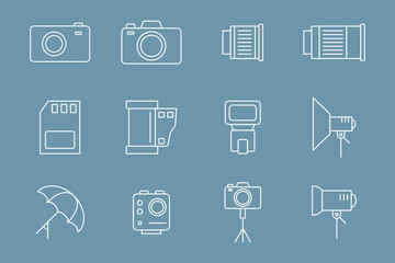 Photo equipment Icons set - Vector outline symbols of camera, flash, lens, tripod, slr and light for the site or interface