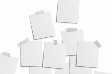 Moodboard template composition with blank photo cards, torn paper, square frames glued with adhesive tape and isolated on white as template for graphic designers presentations, portfolios etc.