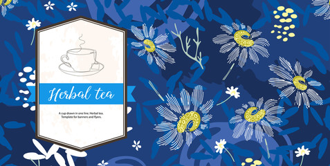 Blue background with camomiles. Tea with camomile. A cup drawn in one line.