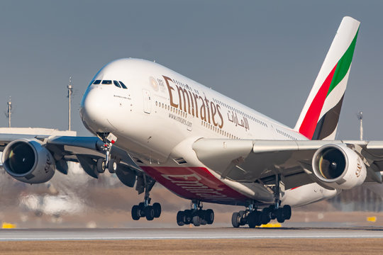 Emirates Airbus A380 airplane at Munich airport