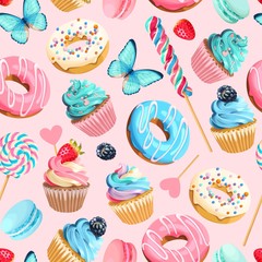 Vector seamless pattern with cupcakes and donuts