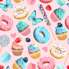Poster Im Rahmen Vektornahtloses Muster mit Cupcakes und Donuts © olga_igorevna