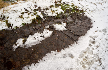 Strukturen am Erdboden bei Schneetauwetter mit den schmelzenden Eiskristallen uns Laub im Wasser
