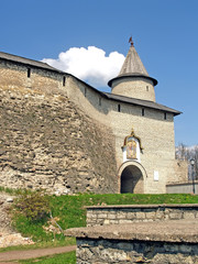 PSKOV, RUSSIA. View of the clock tower of the Pskov Krom (Kremlin)